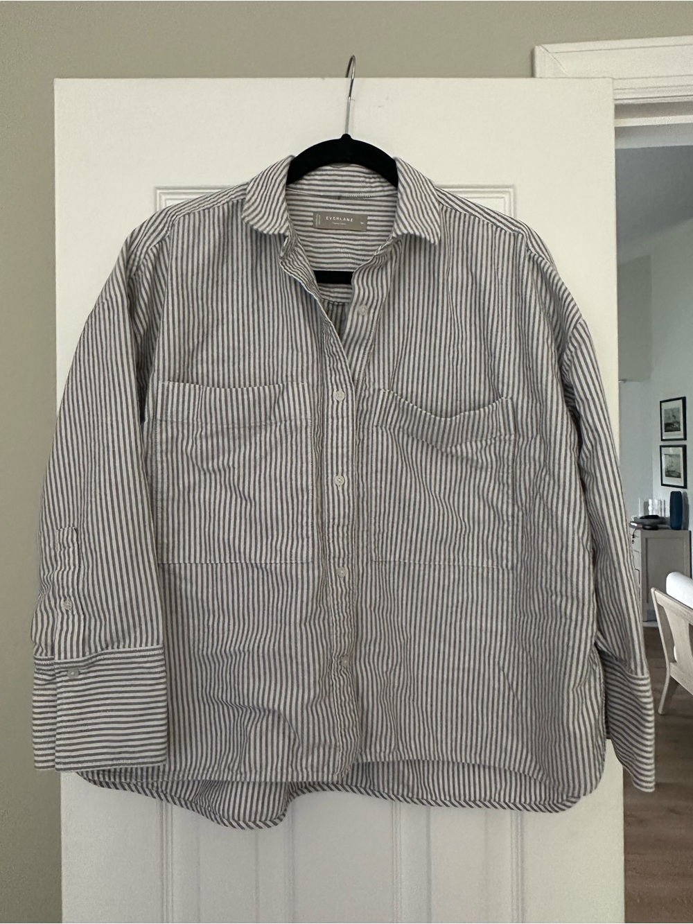 EVERLANE Grey and White Stripe Boxy Oxford Shirt - Picture 3 of 7